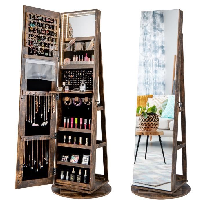 COSTWAY Armoire à Bijoux Pivotante à 360° - Lumières LED 3 Couleurs Miroir Pleine Longueur Étagère 3 Niveaux en Arrière - Vintage