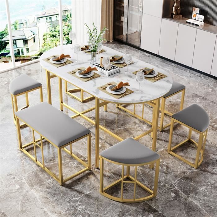 ensemble table de salle à manger(140x70cm) et 6 chaises - table et chaises en mdf blanc et cadre en fer, assie gris, luxe - doré
