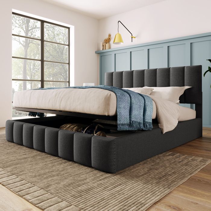 lit coffre double 140x200 cm, lit adulte rembourre avec tête de lit réglable et sommier en lin et rangement,  gris