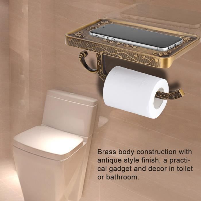 Porte-papier Toilette Mural Vintage En Laiton – Avec étagère Pour Téléphone – Finition Antique – Accessoire Salle De Bain Rétro