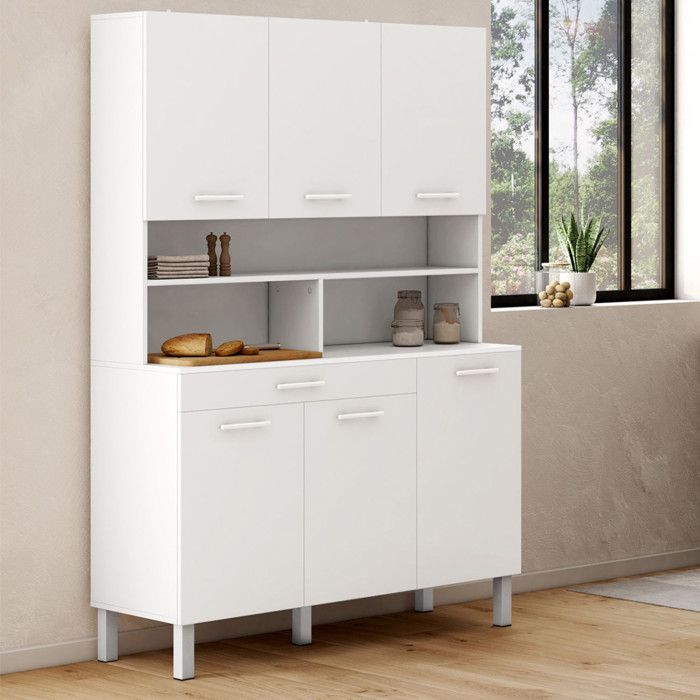 IDMARKET Buffet de cuisine 120 CM CINA 6 portes + tiroir blanc et blanc brillant IDMARKET Buffet de cuisine 120 CM CINA 6 portes + tiroir blanc et blanc brillant