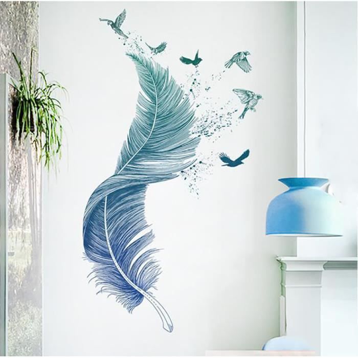 MARQUEUNE Stickers muraux PLUME en bleu (123×71 cm) I décoratifs sticker mural Oiseaux Poster moderne I Déco pour salon chambre
