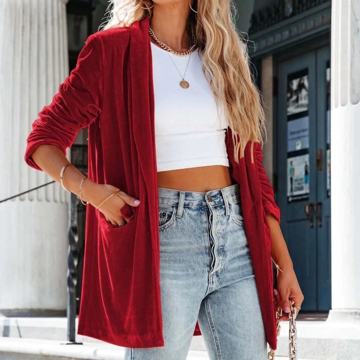 Mode Femme Manches Longues Ouvert Devant L?�che Surv??tement Chemisier Solide Manteau Tops Poches 