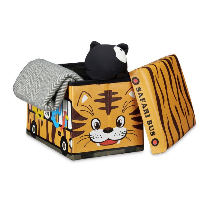Coffre à jouets Relaxdays Tigre 32×48×32 cm pouf robuste en simili cuir 37 l couvercle amovible Safari Bus