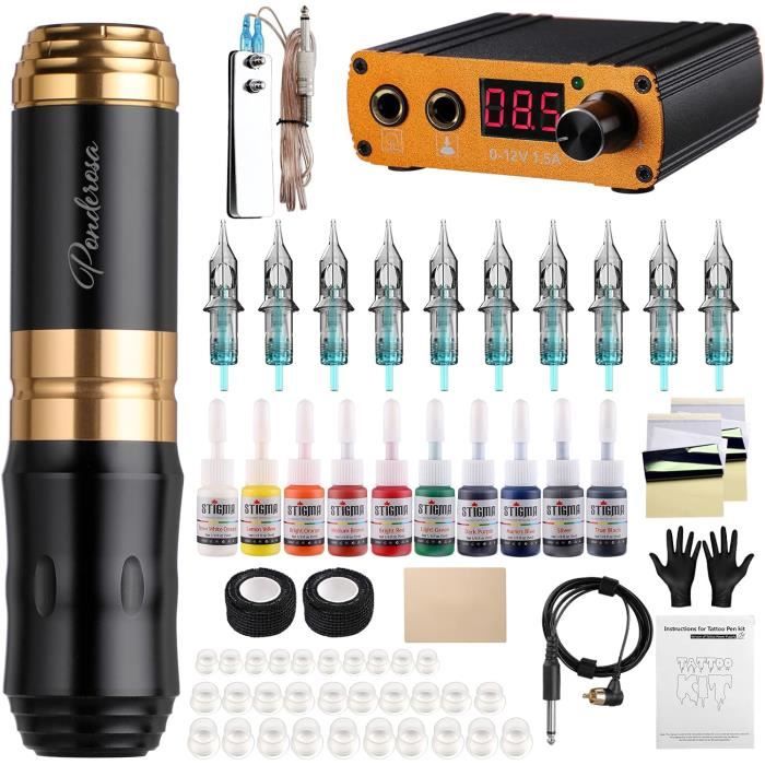 Kit Tatouage Ambition Soldier Complet - Machine Rotative Sans Fil, 2 Batteries 2400mAh, 40 Cartouches Aiguilles (professionnel)