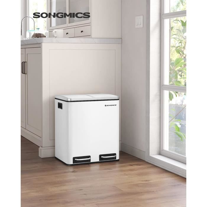 SONGMICS Poubelle Tri Sélectif 2 Bacs, 2 x 15L, Poubelle Double, avec Seaux Intérieurs et Poignées, pour Cuisine, Hermétique, Blanc