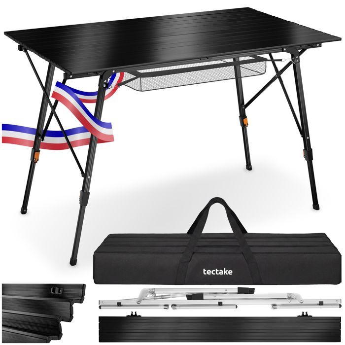 Table de camping - TECTAKE - Table BASTIAN pliable en aluminium résistante et réglable avec sac 120 x 705 x 58-79 cm - Noir