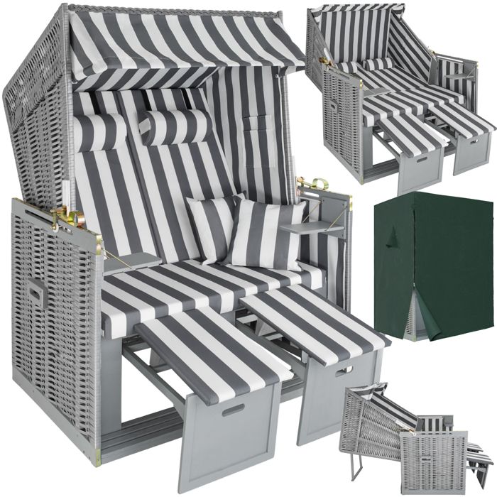 TECTAKE Corbeille de plage avec housse de protection SYLT Rembourré avec Repose-pieds extensibles Gris/Blanc