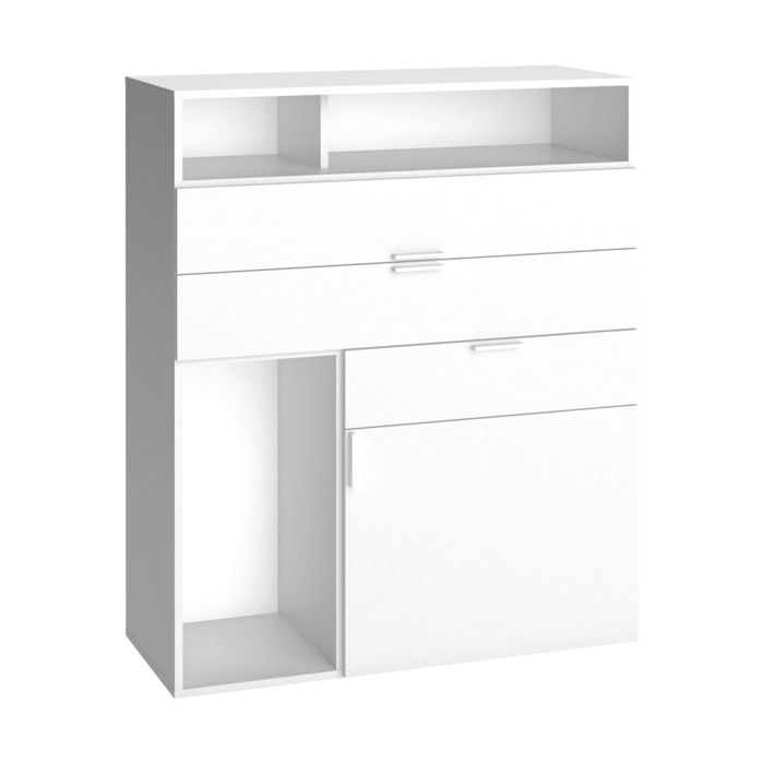 Commode 3 tiroirs 1 porte avec niches de rangement en bois blanc - CO17007 - Blanc - Terre de Nuit Commode 3 tiroirs 1 porte avec niches de rangement en bois blanc - CO17007 - Blanc - Terre de Nuit