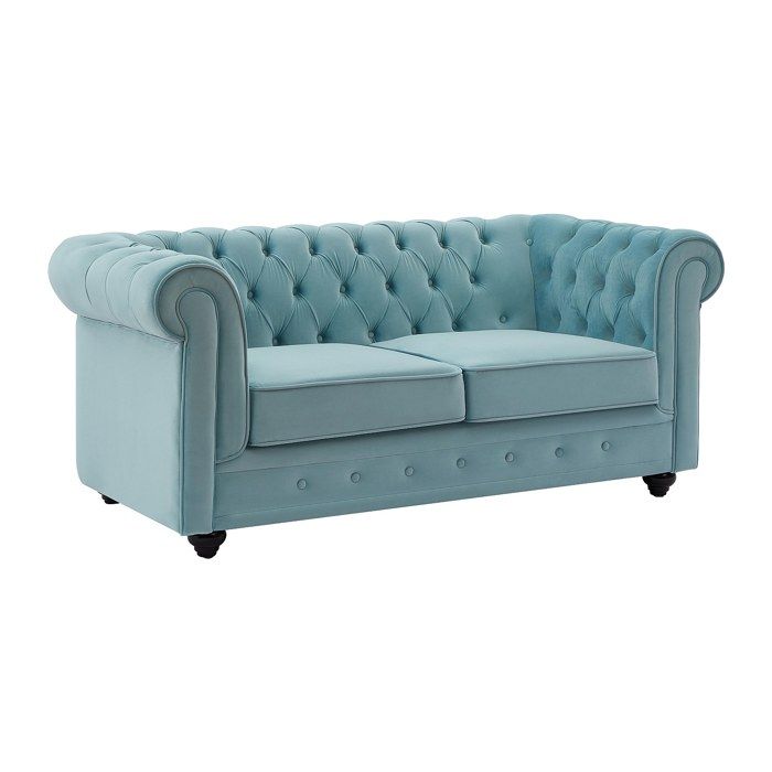 Canapé 2 places en velours bleu pastel CHESTERFIELD Canapé 2 places en velours bleu pastel CHESTERFIELD