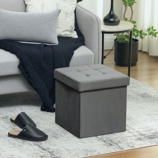 HOMCOM Pouf De Rangement Rectangulaire Gris - Tissu Lin, Couvercle Rembourré, 102x40x44cm, Charge 150kg