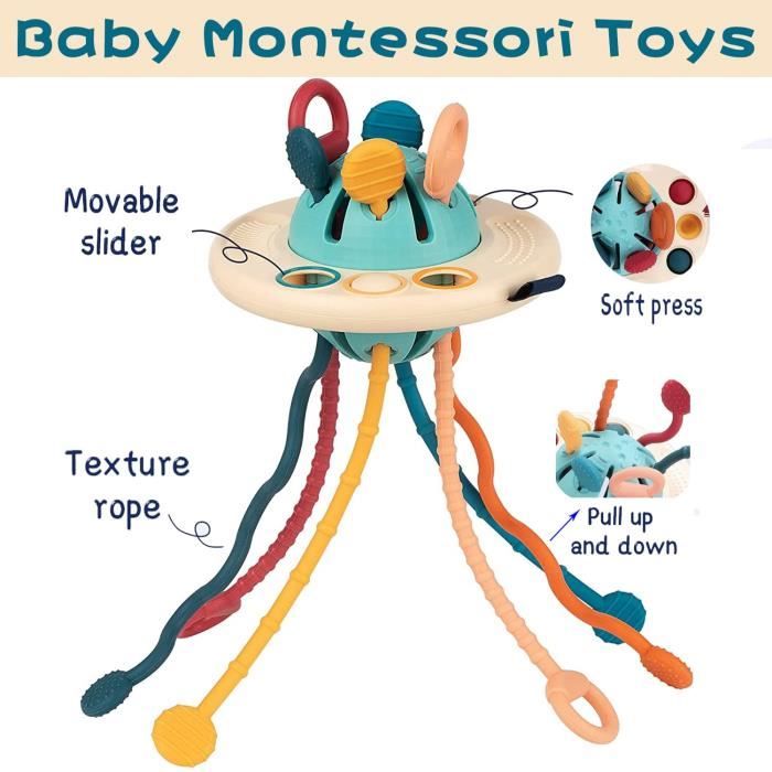 Jouet Montessori Bébé de Jouets Sensoriels pour Bébé 12-18 Mois Jouet de  Dents de Jeux de Corde de Traction de Silicone d'UFO