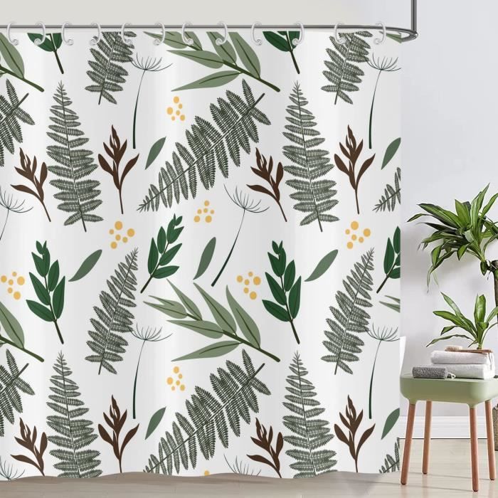 Rideau De Douche Boho 180x180 Cm – Motif Feuilles Vertes & Soleil Abstrait, Imperméable Lavable Avec 12 Crochets
