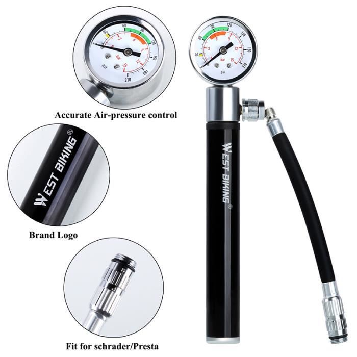 Mini pompe à vélo avec manomètre – Pompe à pneu Presta & Schrader pour vélo de route Mini pompe à vélo avec manomètre – Pompe à pneu Presta & Schrader pour vélo de route