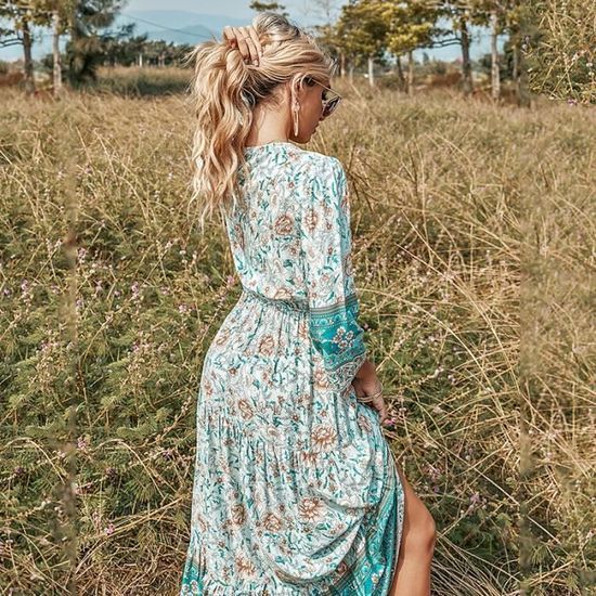 Robe Longue pour femme Robe Florale Imprim Manches mi longues Col