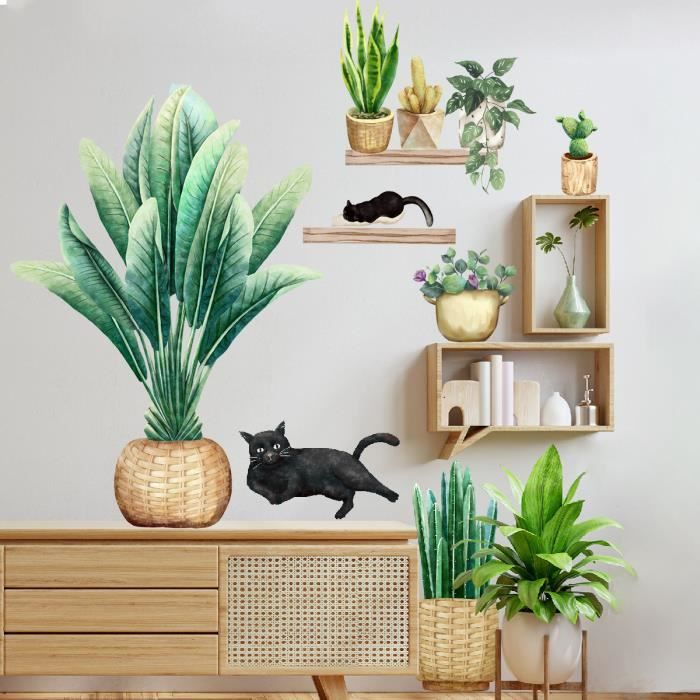 Nordic stickers muraux frais Vert planté en pot salon fond mur décoration  chambre autocollants chat - Cdiscount Maison
