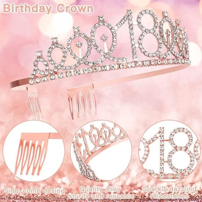 Kit Anniversaire Fille/femme – Couronne Strass, écharpe Rose, Guirlande – Pour Fête, Photos, Cadeau