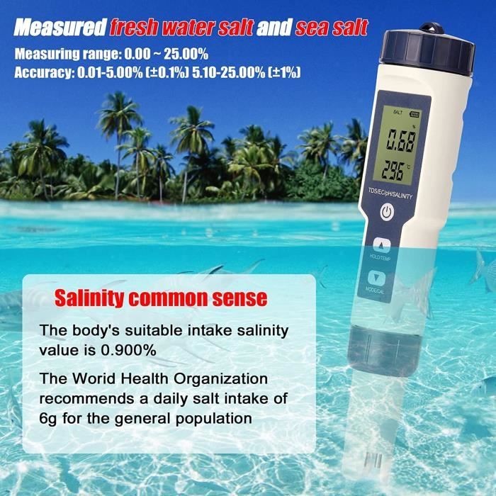 Testeur de pH électronique 5 en 1 avec écran LCD, testeur de qualité de l' eau pour tester le pH/TDS/EC/température/salinité, - Jardin