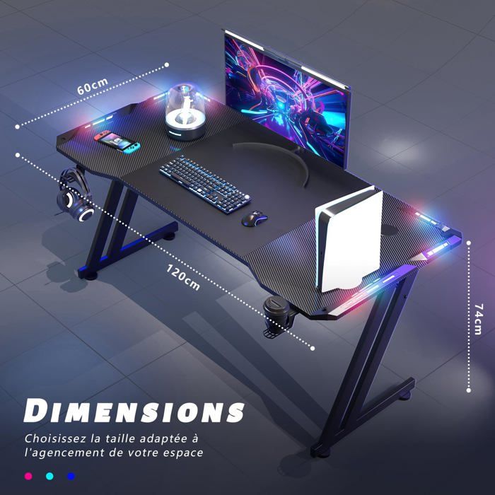 Bureau Gaming avec LED, Bureau Gamer 160 × 60 cm, Table Gaming Ergonomique  - Cdiscount Maison