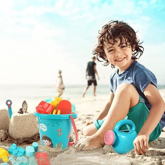 Kit De Plage 18 Pièces HIQE-FL – Seau, Arrosoir, Moules Et Pelles – Sac Filet – Cadeau Été Enfant Dès 2 Ans