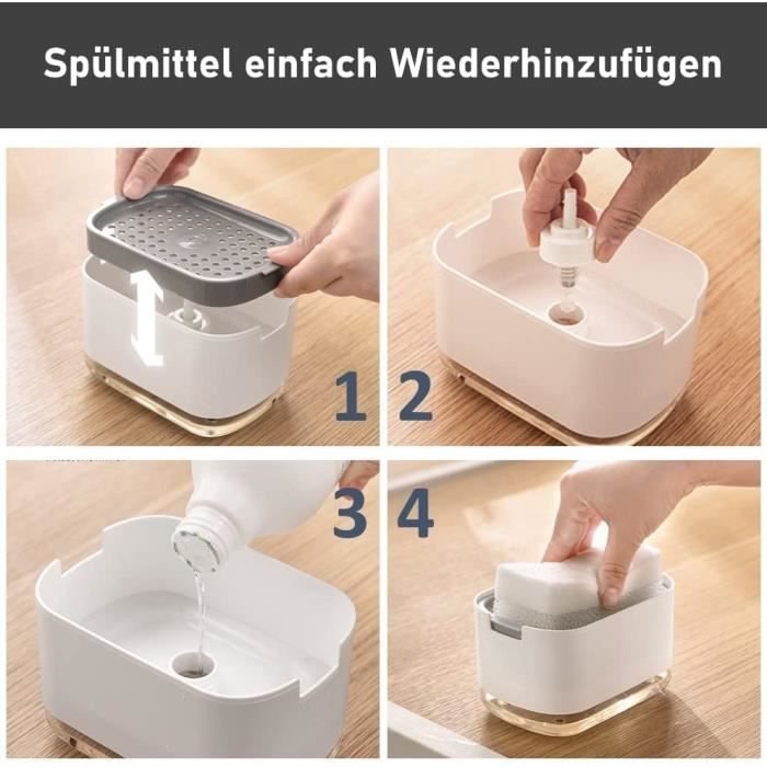 Distributeur Liquide Vaisselle 3-en-1 - Avec Porte-éponge Et Brosse, Buse Zinc, Plateau Amovible Blanc