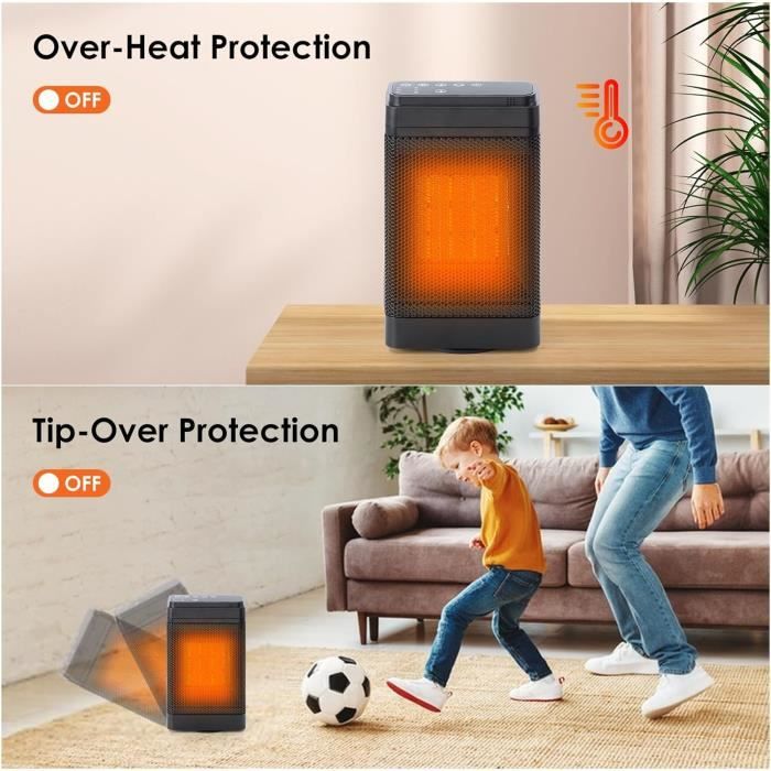 Chauffage d'appoint électrique en céramique, 1500W avec thermostat,minuterie 1-12H, mode ECO-Auto intelligent, protection contre la surchauffe et le basculement, PTC chauffage soufflant (H1-Noir