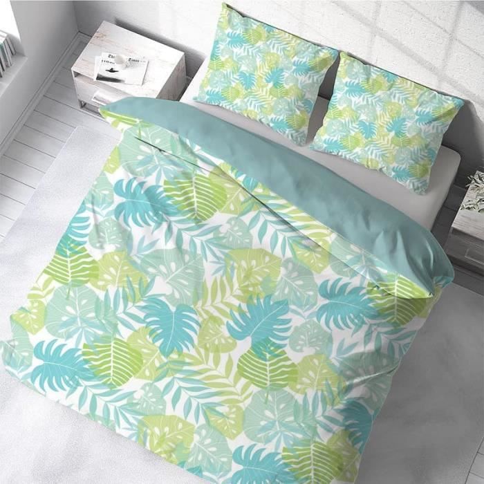 Phonxia Housse De Couette 140x200 Enfants Filles Garçons – Parure De Lit 3 Pièces Motif Feuilles Vertes Et Roses Pastel, Ultra Doux & Respirant