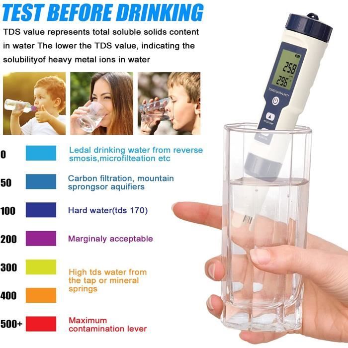 Testeur ph Testeur ph sel Piscine Electronique 5 en 1 Testeur de pH EC TDS Salinité Thermomètre