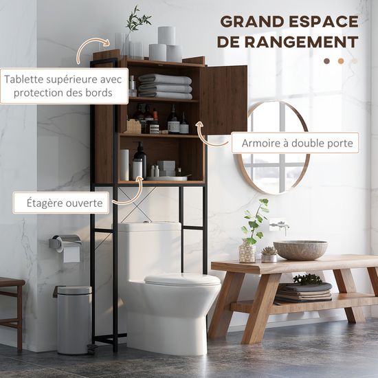 Kleankin Colonne Salle De Bain Industrielle – Armoire Haute Rustique 3 Étagères Ouvertes + Placard