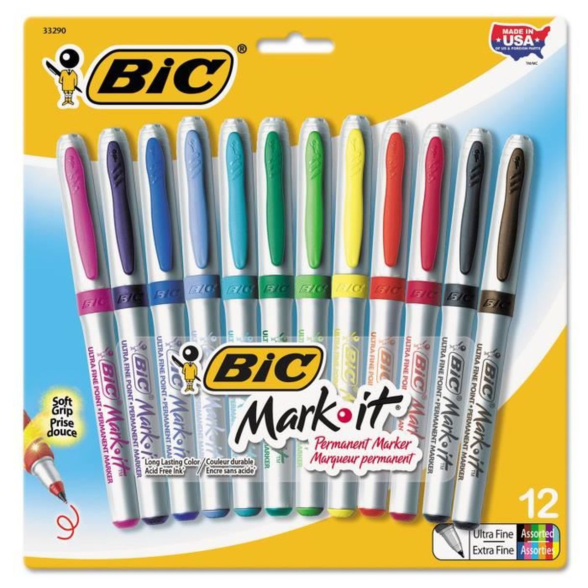12 Ultra Fin Point BIC Bic Mark-It Couleur Collection Permanent Marqueurs Assorti 