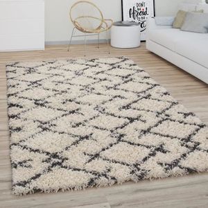 TAPIS Tapis Shaggy Tapis De Salon Poil Long Moderne Boho Scandinave Motif Diamant, Dimension:140X200 Cm, Couleur:Crème Anthracite [u2550]