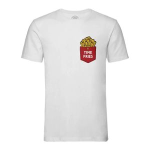 T-SHIRT T-shirt Homme Col Rond Blanc Poche Time Fries Frite Fast Food Illustration Dessin