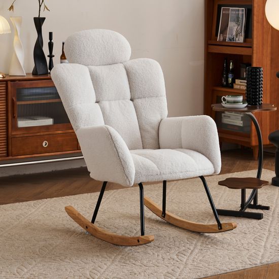 Fauteuil à Bascule En Velours Teddy - Dossier Haut, Rembourré - Pour Salon, Chambre - Rose, Beige, Gris