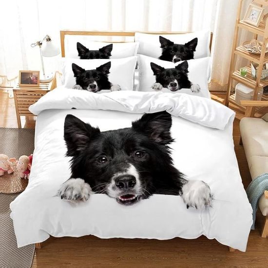 Fusion - Housse De Couette Chien Bleu Canard - 200 X 200 Cm - 2 Taies D' oreiller - Réversible (2 Couleurs) - Housse De Couette Imprimé Patte - Housse De Couette Chien