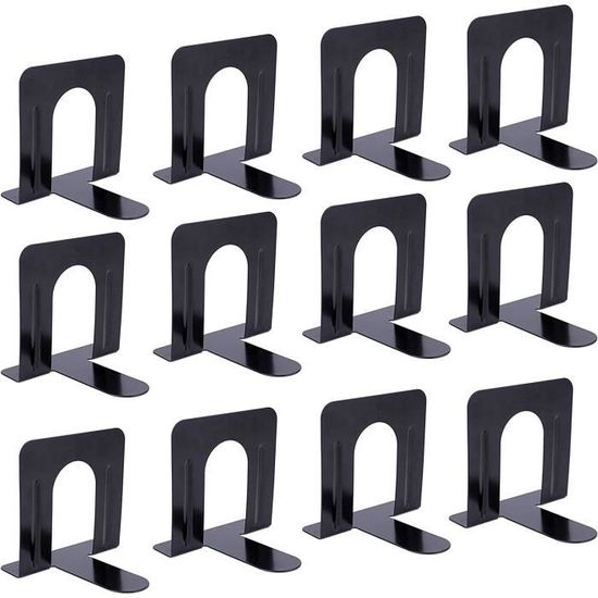 Serre-livres Métal Noir - Lot De 6 Paires (12 Pièces), 17x12cm, Antidérapants Pour étagères