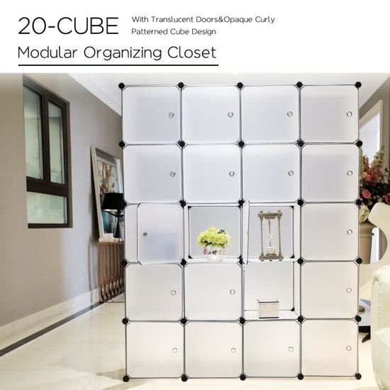 Armoire Penderie Modulable TactFire 20 Cubes - 140x45x175 Cm Avec Portes Blanches - Rangement Vêtements/Jouets