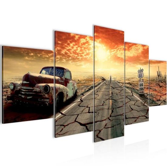 Runa art Tableau Décoration Murale Auto Route 66 200x100 cm - 5 Panneaux Deco Toile Prêt à Accrocher 600351a