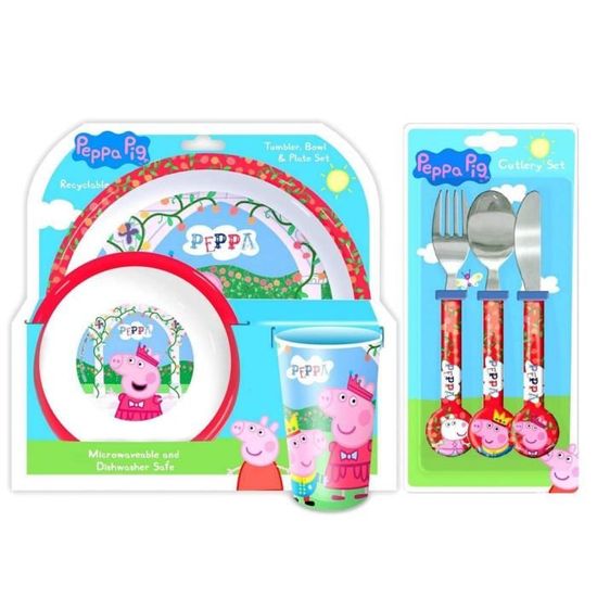 Couverts Bébé Personnage Set Vaisselle Peppa Pig 6 Pièces - Assiette, Bol, Gobelet 460ml, Couverts - Enfant 9 Mois Et Plus Assiette Bol Gobelet