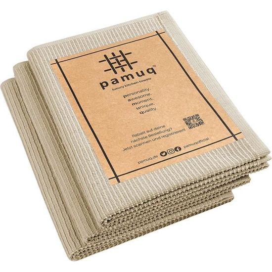 pamuq Lot de 3 torchons en coton 100 % - Beige - Couleur unie - 50 x 70 cm - Avec crochets de suspension - Torchons de cuisine e362