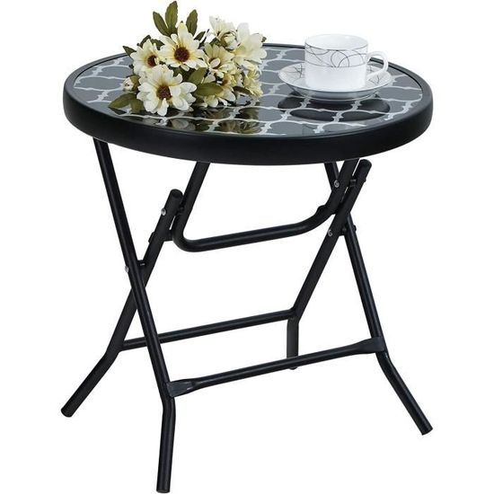 PHIVILLA Table D'Appoint Ronde Pliable Verre Métal - Petite Table Balcon Jardin Terrasse Salon Résistante Intempéries