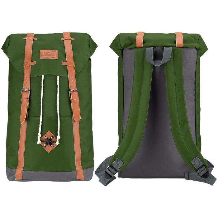 ABBEY Sac à dos scolaire - Fermeture aimantée - Cuir PU look vintage - 100% Polyester 300x300D - Vert