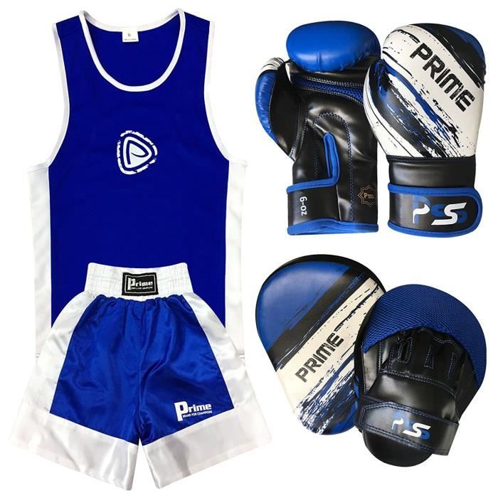 UNIFORME DE BOXE POUR ENFANTS AVEC LA TENUE (HAUT + SHORT) 11-12 ANS, LA PAIRE DE GANT TAILLE : 4oz ET 2 PATTES D’OURS – BLEU