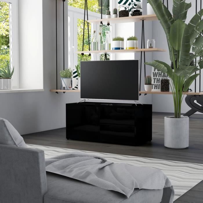 Meuble TV avec 2 tiroirs et 1 compartiment avec porte Aggloméré - 80 x 34 x 36 cm - Style contemporain - Noir brillant