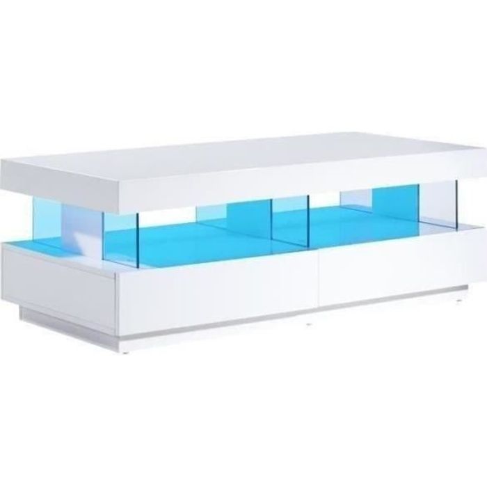 Table basse led laqué blanc brillant 120cm 4 tiroirs MALEA