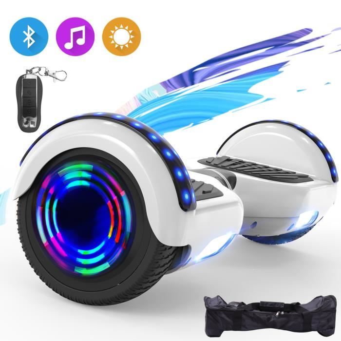 Hoverboard 6,5 pouces, Gyropode Électrique Scooter, Hoverboard Bluetooth, Intégré LED, Avec Télécommande et Sac, Blanc