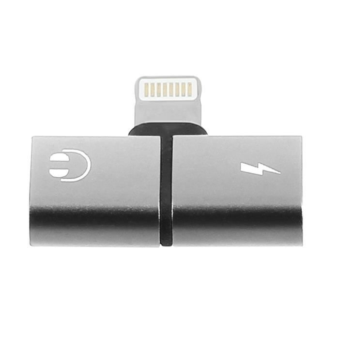 Adaptateur Lightning Audio et Charge 2 en 1 pour iPhone, iPod, iPad - Argent Gris