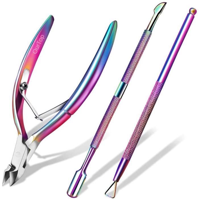 Pince à Cuticules avec Coupe, 3 Pièces Tondeuse à cuticules avec poussoir à cuticules Pince Coupante Ongles et Orteils