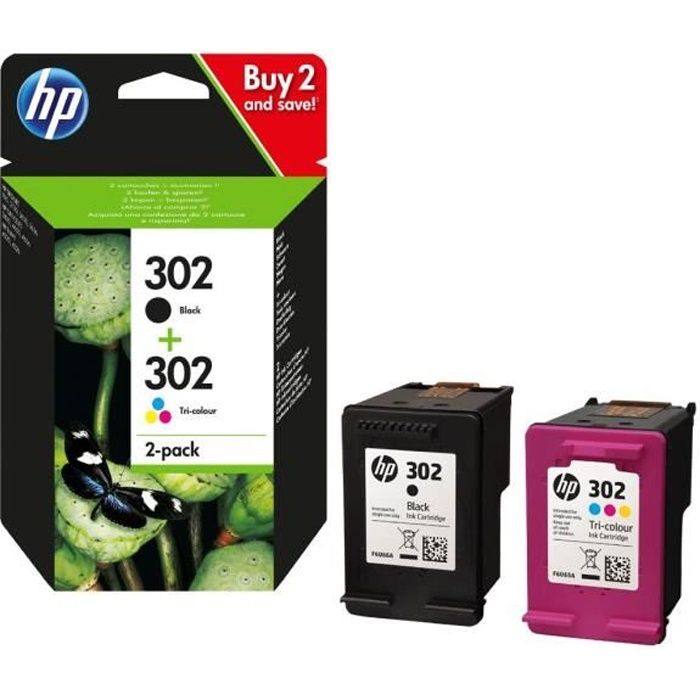 HP 302 pack de 2 cartouches d'encre noire/trois couleurs authentiques pour HP DeskJet 2130/3630 et HP OfficeJet 3830 (X4D37AE)