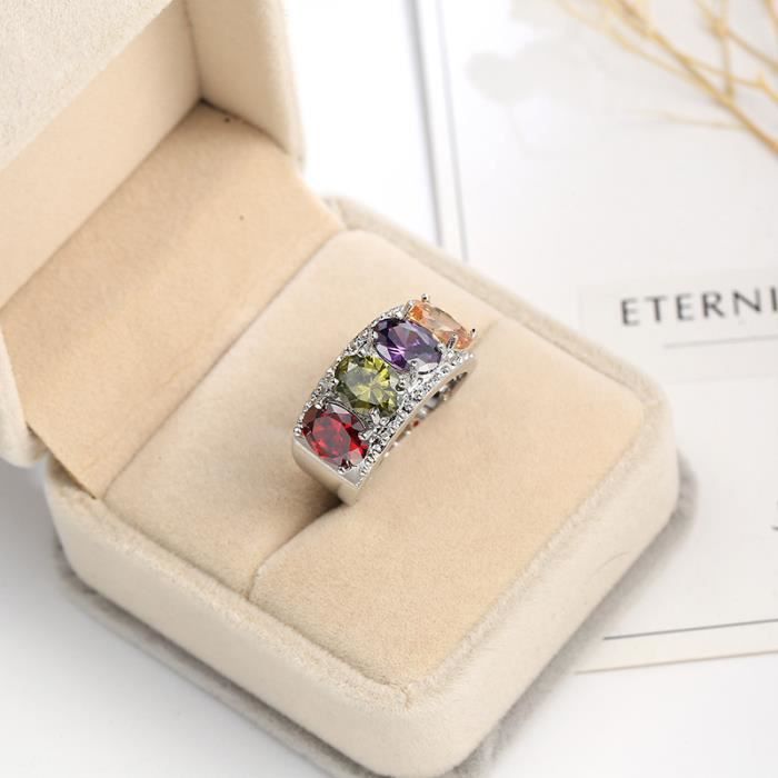 Bague arc-en-ciel pour femme - Bague éternité en plaqué or 18 carats avec émeraudes et pierres précieuses multicolores Taille 59