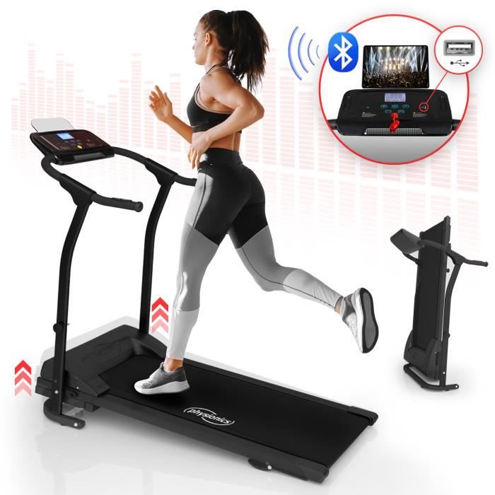 Physionics® Tapis de Course - Pliable, 500W, Jusqu'à 10 km/h, Écran LED, Haut-Parleurs, USB, 5 Programmes - Tapis Roulant, de Marche